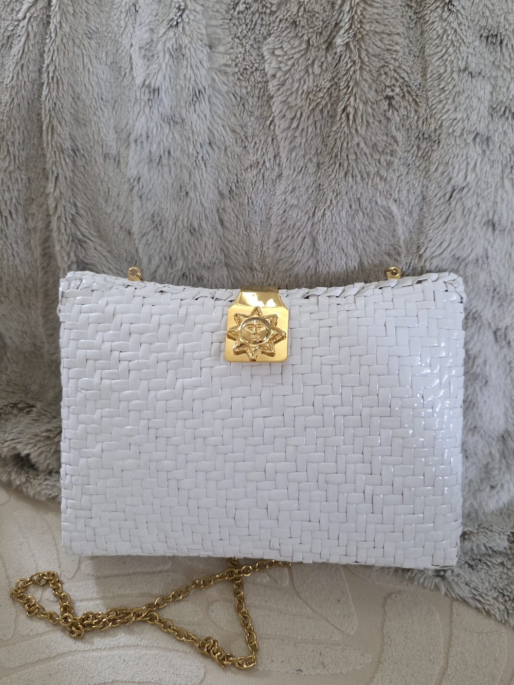 Woven Patent Leather Crossbody Bag in White with Gold Hardware